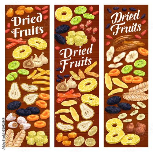 Dried fruits and berries vertical vector banner. Background with dried apricot, dogwood and papaya, pineapple, fig and kiwi, mango, pear, prune and persimmon, melon, date and damson, banana, raisin