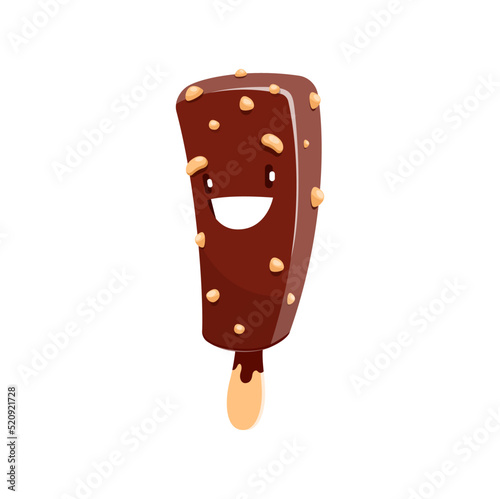 Cartoon ice cream character, kawaii chocolate popsicle with crushed nuts. Isolated vector smiling popstick dessert bar. Funny icecream personage, cold summer food, refreshment snack on wooden stick