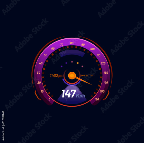 car futuristic neon speedometer dial gauge. Auto or motorbike speed meter neon interface, isolated tachometer futuristic round scale or vector odometer future counter with MPH data and violet gauge