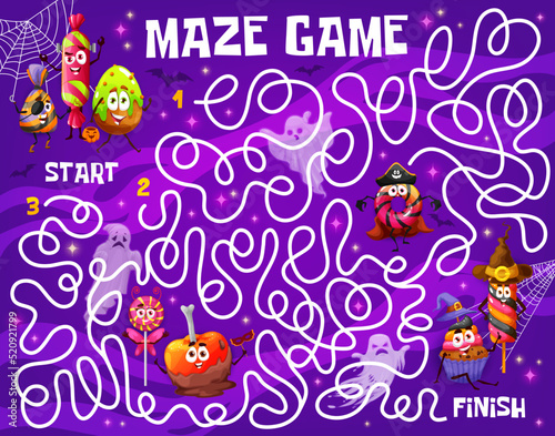 Labyrinth maze game, cartoon Halloween candy characters. Vector puzzle, find way riddle or start to finish board game with path and cute trick or treat sweets. Children education activity worksheet