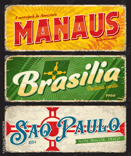 Brasilia, Manaus, Sao Paulo brazilian city travel stickers and plates. Brazil city retro plate or banner with faded sides. South America travel vector sticker, grunge souvenir card, vacation tin sign