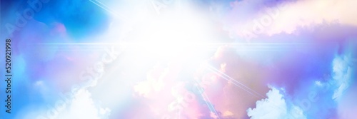 Wide size landscape illustration of a beautiful entrance to heaven, shining divinely through the rainbow-colored clouds.