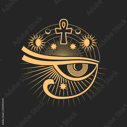 Horus prediction eye, tarot magic symbol, ethnic amulet with Egypt cross and all seeing eye. Vector occultism holistic vision sign, tribal chakra rays
