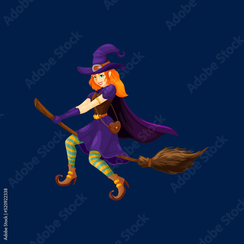 Fotografija Cartoon spooky witch Halloween character, vector beautiful sexy enchantress personage in magician hat and dress flying on broom to sabbath