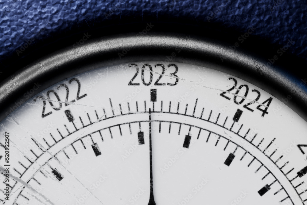 Round temperature gauge with cutoffs 2023 and other years isolated on a black panel. Circular barometer or indicator template. 3d illustration Round temperature gauge with cutoffs 2023 and other years isolated on a black panel. Circular barometer or indicator template. 3d illustration