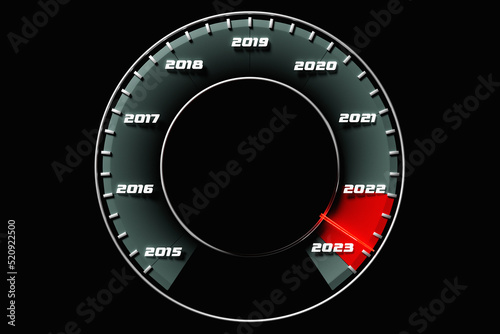 3D illustration close up black speedometer with cutoffs 2022,2023. The concept of the new year and Christmas in the automotive field. Counting months, time until the new year.