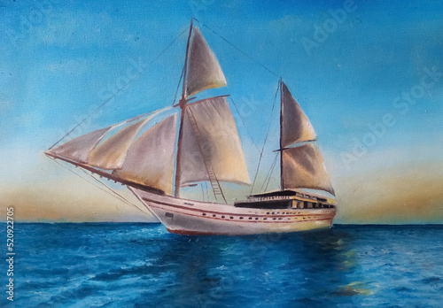 oil painting phinisi sailboat is docked photo