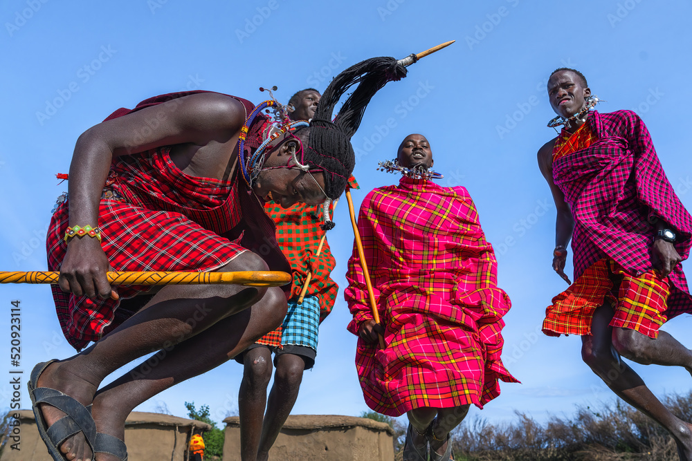 Maasai Mara man showing traditional Maasai jumping dance - obrazy, fototapety, plakaty 