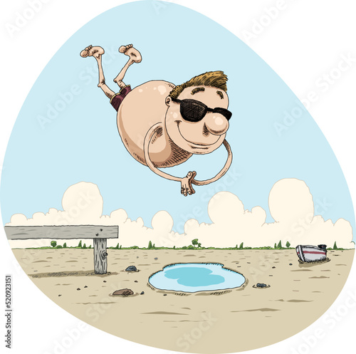 A cartoon man dives off a dock into a tiny puddle of water on a dry lake bed.