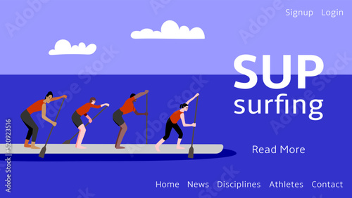 Web banner for sup surfing Team of women on the way to the finish line. Vector flat illustration.
