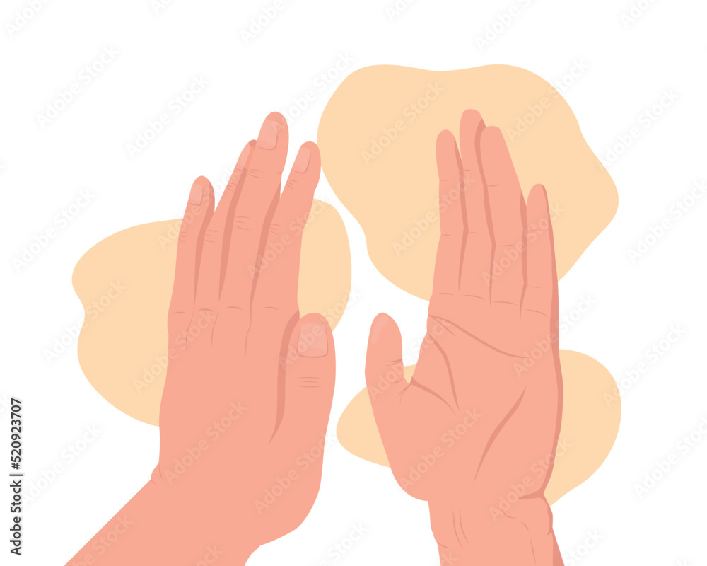 High five 2D vector isolated illustration. Up high flat hand gesture on cartoon background. Slap hand. Greetings and congratulation colourful editable scene for mobile, website, presentation High five 2D vector isolated illustration. Up high flat hand gesture on cartoon background. Slap hand. Greetings and congratulation colourful editable scene for mobile, website, presentation
