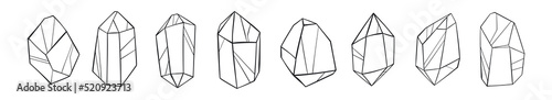 Vector set of crystals. Collection of gemstone in line art style. Hand drawn graphic geometric diamonds. Outline polygon minerals. For web, prints, tattoo