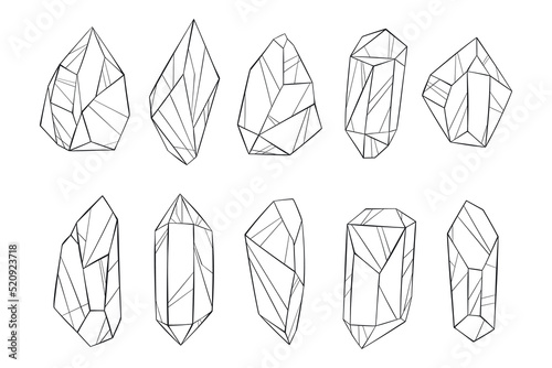 Vector set of crystals. Collection of gemstone in line art style. Hand drawn graphic geometric diamonds. Outline polygon minerals