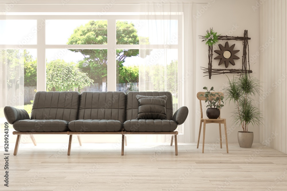 White living room with sofa and summer landscape in window. Scandinavian interior design. 3D illustration White living room with sofa and summer landscape in window. Scandinavian interior design. 3D illustration