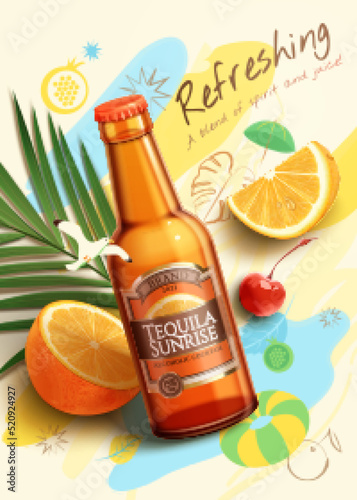 3d fruit beer ad with beach doodles