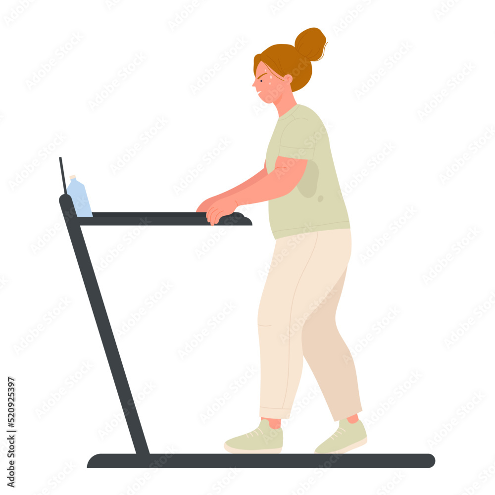 Fat girl running on treadmill. Weight loss physical program, fitness exercise vector illustration