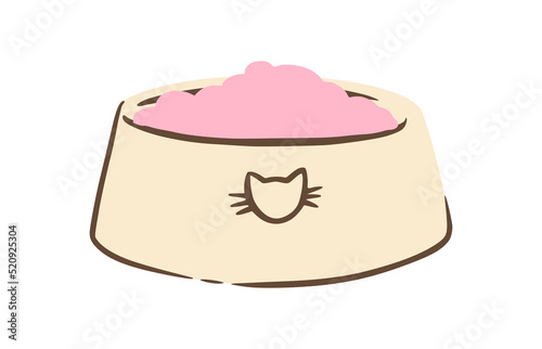 Dog bowls with food. Set bowls for cat or dog for kibbles and water. Vector illustration in cute doodle style