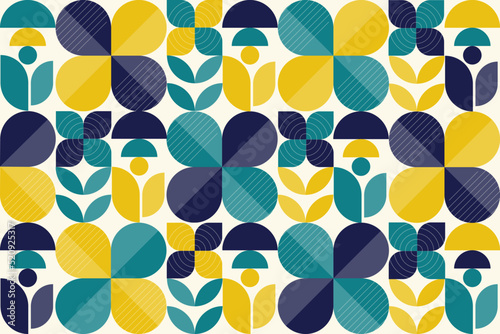 Abstract flat geometric background, mosaic pattern design with the simple shape of circles and lines. Mural design. Neo geometric. Vector Illustration.