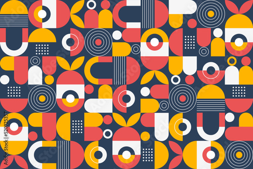 Abstract flat geometric background, colorful mosaic pattern design with the simple shape of circles, dots, and lines. Mural design. Neo geometric. Vector Illustration.