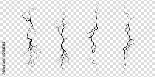 Crack on concrete or ground due to aging or drought. Set of fissures isolated in transparent background. Monochrome vector illustration