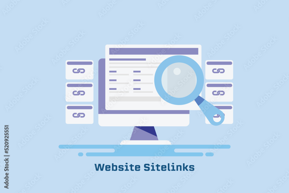 Website site links showing on search engine result page, digital communication technology SEO concept. - obrazy, fototapety, plakaty 