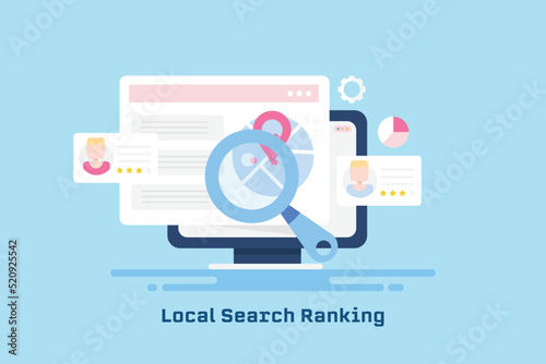 Local SEO - Business listing on search engine, map point of shop location displaying on website navigation concept.