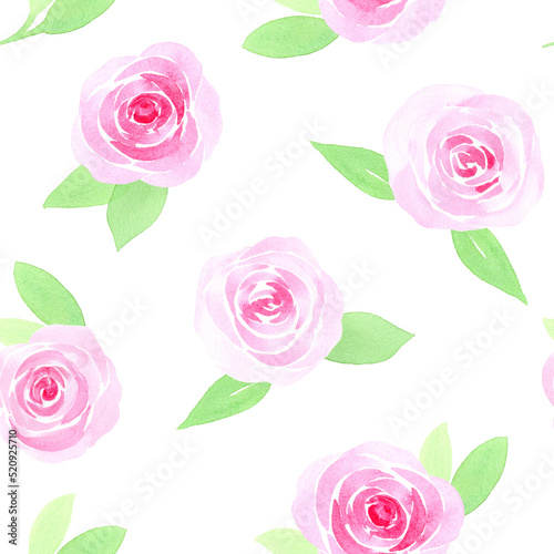 Watercolor pink roses seamless pattern on white background
