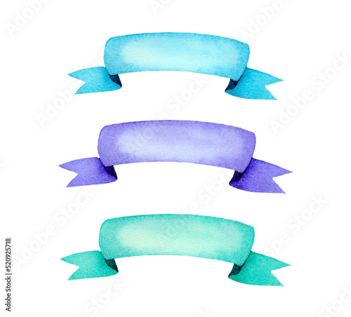 Watercolor colorful holiday ribbons. Blue, purple, green