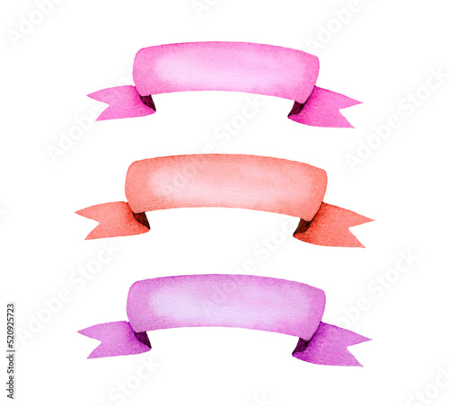 Watercolor colorful holiday ribbons. Pink, orange, purple