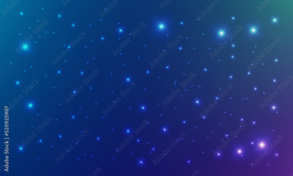 Illustration of many stars shining in the night sky. Blue, green and purple skies.Vector illustration.