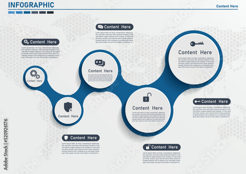 Infographic 5 circle.Five round elements with thin line icons inside connected into chain and text boxes. Concept of process with 5 successive steps