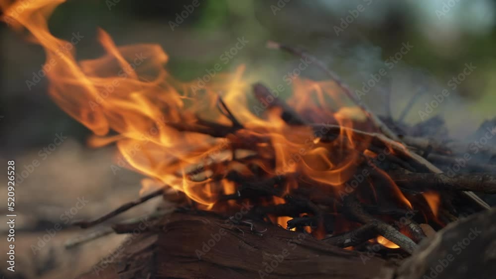 Slow Motion Close Up Of Orange Flames Of Camp Fire With Sticks Burning, 4K Slow Motion Close Up Of Orange Flames Of Camp Fire With Sticks Burning, 4K