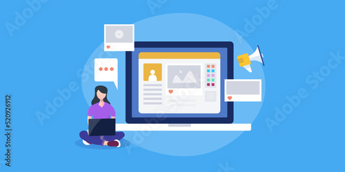 Woman with laptop engages with social media network,  digital communication concept.