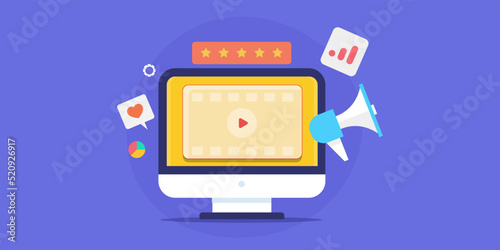Concept of video marketing, digital communication and social media content strategy, flat design web banner.