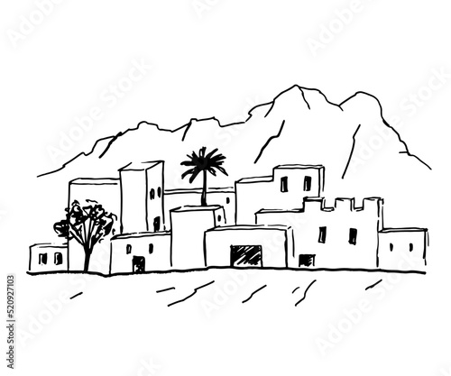 Landscape with old city of Saudi or Jordan and mountain. Pencil sketch of traditional Islamic architecture on white background.