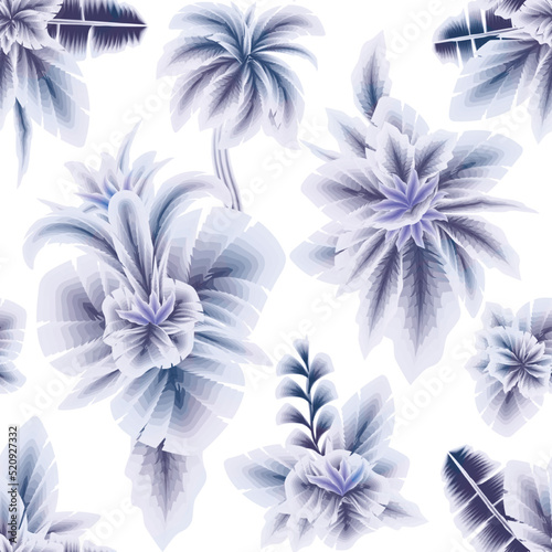 blue vintage botanical seamless pattern with tropical plants leaves and foliage on white background. vector design. natural wallpaper. Floral background. Exotic tropics. Summer design. autumn themed