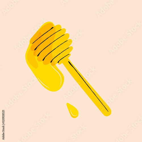Wooden honey spoon, honey dripping from a honey stick, honey image, cartoon-style vector illustration