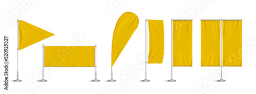 Yellow vinyl flags and set banners on metal pole. Vector realistic template of fabric promotion posters, advertising striped canvas pennants hanging on metal frame and stand