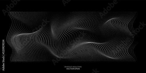 Flowing dots particles wave pattern white light isolated on black background. Vector in concept of technology, science, music, modern.