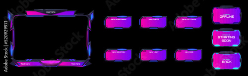 Game online stream frames and panels in futuristic style. Vector cartoon set of overlay live video streaming screens and menu bars isolated on black background