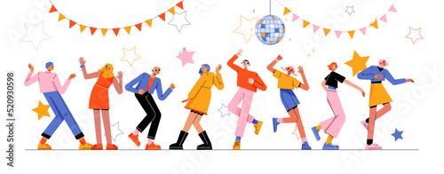 Disco party with happy people dance in night club. Vector flat illustration of music concert or discotheque in nightclub with dancers crowd, disco ball, garlands and stars