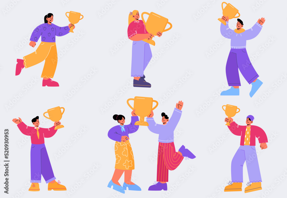 Happy people with gold cups, award trophies. Concept of business success, achievements and reward for win or best place. Vector flat illustration of characters with golden goblets