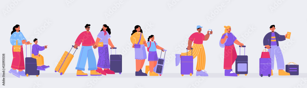 People with suitcases standing in queue to check desk in airport terminal or station. Vector flat illustration of passengers with luggage and tickets waiting in line People with suitcases standing in queue to check desk in airport terminal or station. Vector flat illustration of passengers with luggage and tickets waiting in line