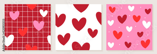Cute Heart Valentine’s Love White Red Pink Color Confetti Flat Style Fabric Textile Grid Line Check Seamless Pattern Background Summer Spring Greeting Card Set Collection Bundle Vector Illustration