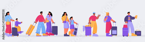 People with suitcases standing in queue to check desk in airport terminal or station. Vector flat illustration of passengers with luggage and tickets waiting in line