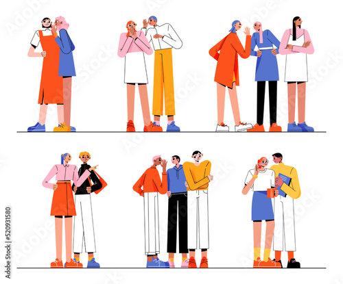 People gossip, tell secrets and news, backbiting. Vector flat illustration of men and women characters tattle together, slander about others, spread rumors, toxic speaks