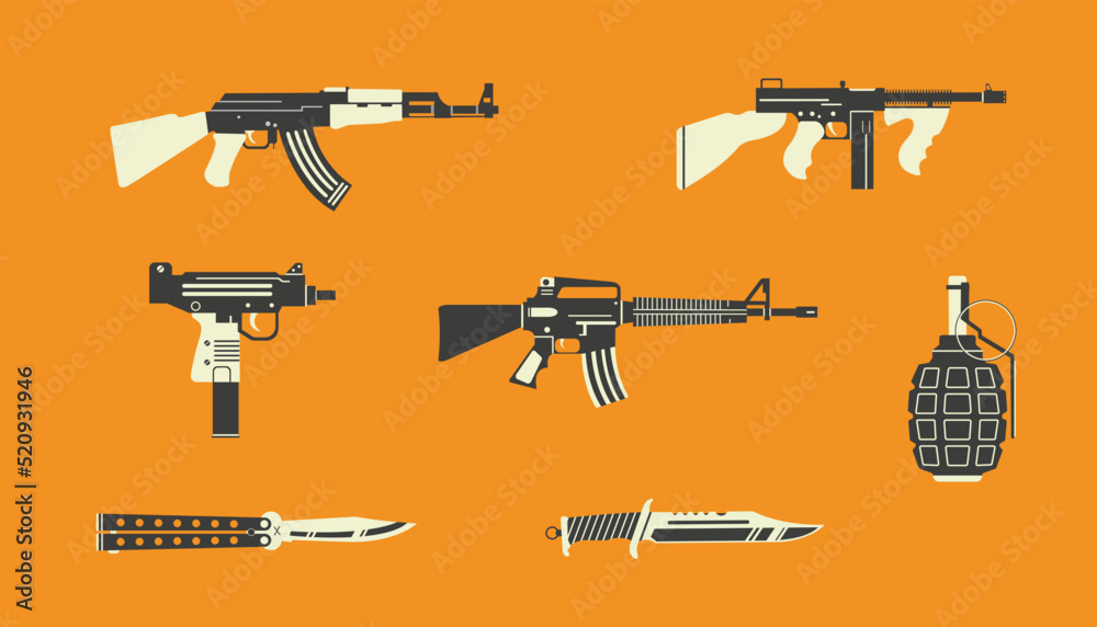 Weapons vector icons set. Automatic Pistol Knife Hand grenade.