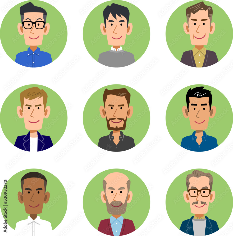様々な年代と人種の男性のアイコンセット
様々な年代と人種の男性のアイコンセット
