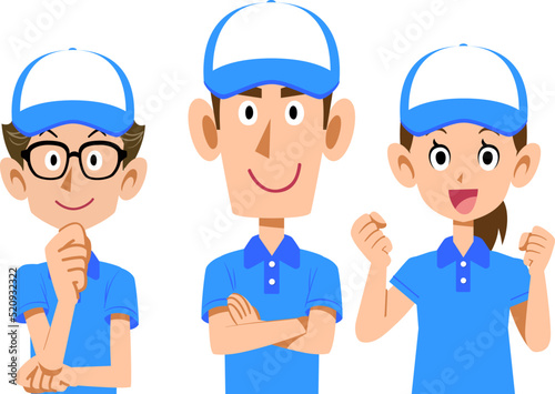 キャップを被りポロシャツを着用した3人の若い作業スタッフ

