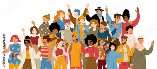 Multiracial group of happy people waving hand. Diverse characters community, asian, african american, jewish, indian and arab men and women, elder, adult persons and students, vector flat illustration
